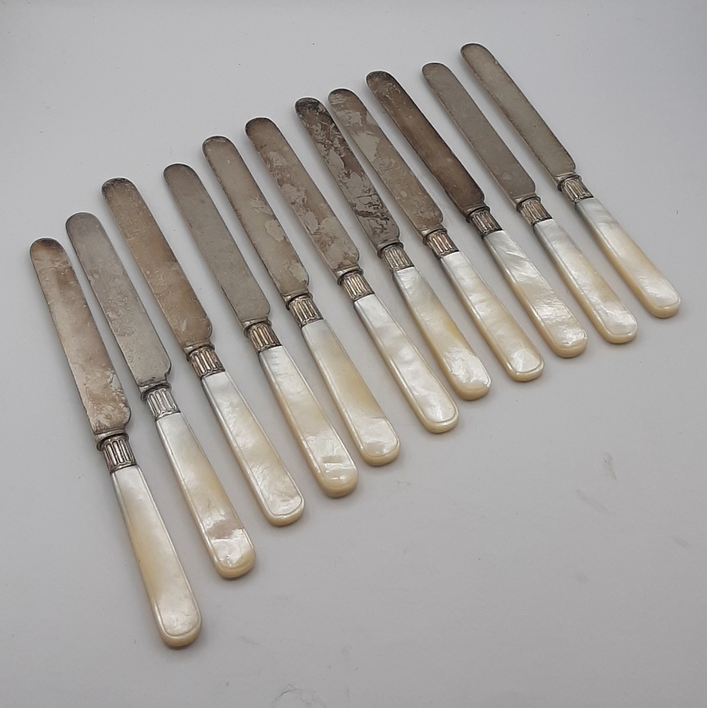 11 Antique Mother of Pearl Handled Dinner Knives Thos Kirkpatrick Jewelery